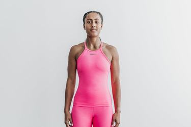 Nobull Halter Neon Ribbed Women's Tank Tops Pink | Australia (ZU1830)